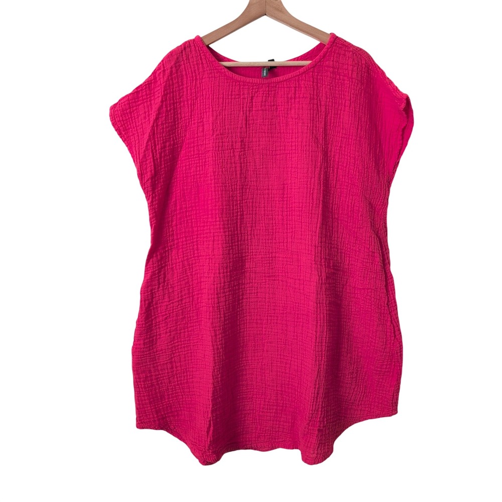 Shannon Passero Pink Cotton Gauze Tunic Dress Pockets Button Lagenlook Beach‎ L